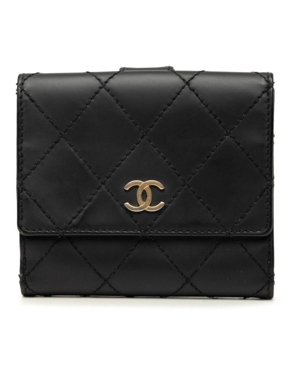 Chanel Wild Stitch CC Logo Bifold Wallet Black Gold Leather